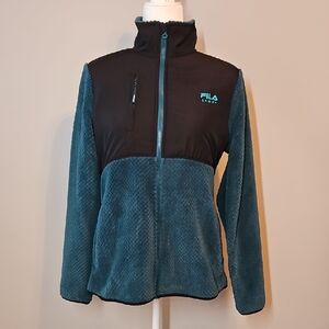 Fila Women's Black and Teal Zip Up Jacket Faux Fur